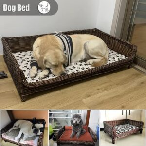 Brown Elevated Dog Bed with Bamboo Mat, Wicker/Rattan Pet Cot for Large, Medium, and Small Dogs, Cats, and Rabbits bamboo dog bed