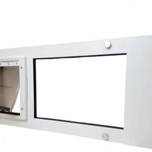 Adjustable Pet Door for Sash Windows | Easy Install Vertical Cat Door | Energy Efficient | Ideal for Cats and Small Dogs | White, Small Flap, Fits 37"-40" Window Width dog door in glass window