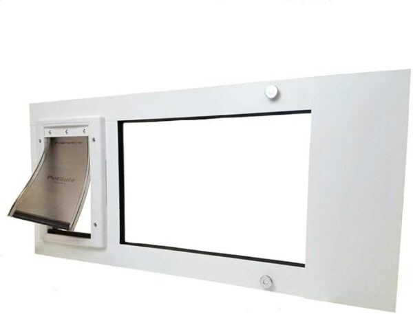 Adjustable Pet Door for Sash Windows | Easy Install Vertical Cat Door | Energy Efficient | Ideal for Cats and Small Dogs | White, Small Flap, Fits 37"-40" Window Width dog door in glass window