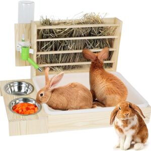 4-in-1 Rabbit Hay Feeder with 500ml Water Bottle, Food Bowl, and Litter Box – Foldable, Clean, and Healthy wooden hay feeder for rabbits