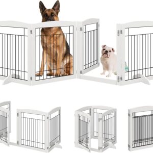 White No-Assembly 96" Extra-Wide Wooden Dog Gate with Door, 30" Tall, Freestanding, Accordion-Style with 2 Support Pieces retractable dog fence indoor