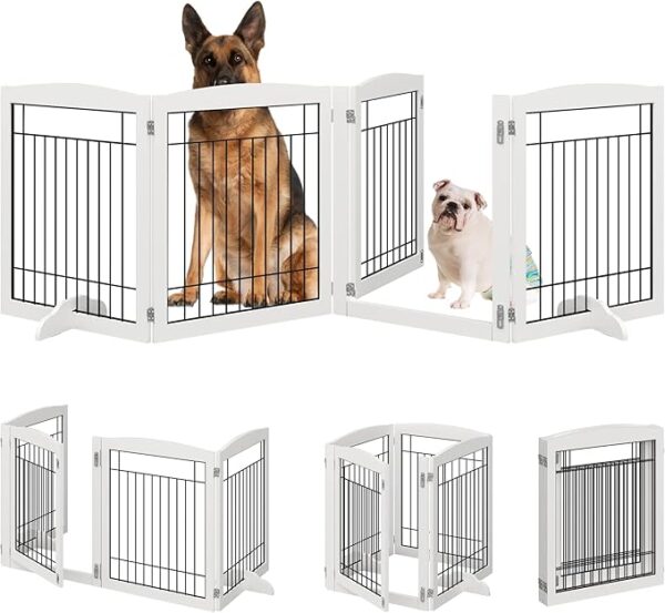 White No-Assembly 96" Extra-Wide Wooden Dog Gate with Door, 30" Tall, Freestanding, Accordion-Style with 2 Support Pieces retractable dog fence indoor