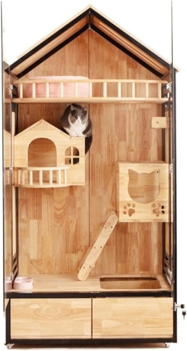 Double-Layer Cat Villa with Panoramic Light: Spacious Super Free Space for Small Animals, Including Cats and Ferrets wooden cat house indoor