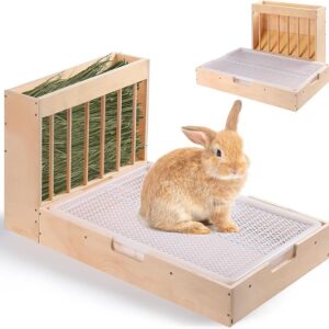 Extra-Large 2-in-1 Hay Feeder and Litter Box Set: Mess-Proof Wooden Design for Rabbits, Guinea Pigs, Chinchillas, and Hamsters rabbit wooden hay feeder
