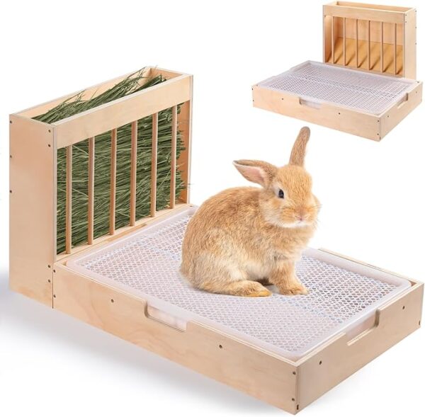 Extra-Large 2-in-1 Hay Feeder and Litter Box Set: Mess-Proof Wooden Design for Rabbits, Guinea Pigs, Chinchillas, and Hamsters rabbit wooden hay feeder