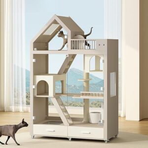 Spacious Indoor Wooden Cat House with Wheels – 73'' x 47'' x 24'' Large Cat Villa for Indoor/Outdoor Use cat house for multiple cats