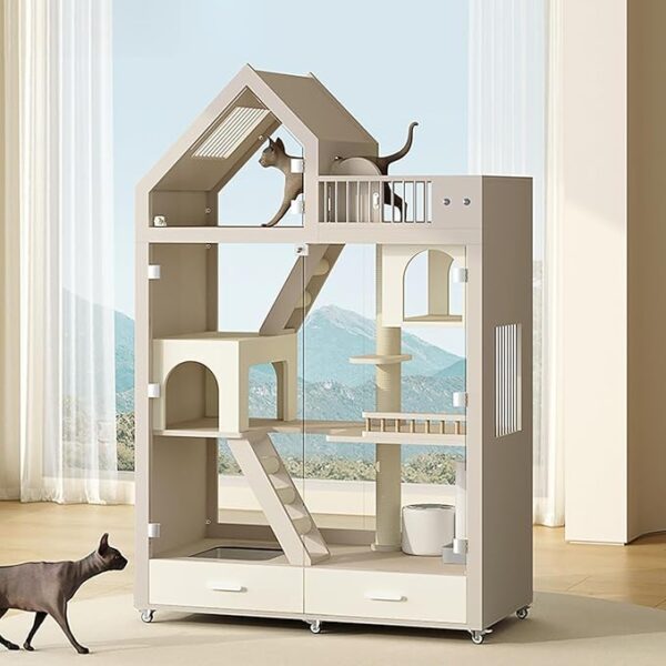 Spacious Indoor Wooden Cat House with Wheels – 73'' x 47'' x 24'' Large Cat Villa for Indoor/Outdoor Use cat house for multiple cats