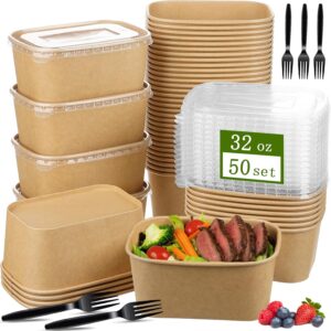 TINSKY 50 Pack 32oz Disposable Meal Bowls w/Lids & Forks