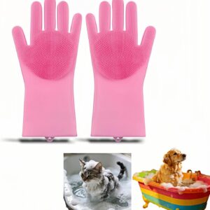 Pink Silicone Pet Grooming Glove – Wash & Massage for Dogs & Cats