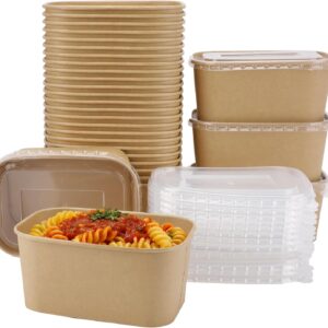 50 Kraft Paper Bowls w/ Lids, 34 OZ, Microwave Safe