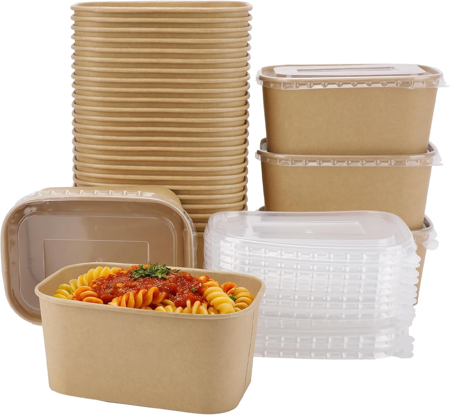 50 Kraft Paper Bowls w/ Lids, 34 OZ, Microwave Safe