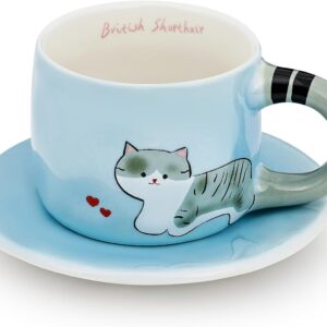 Koythin Cat Ceramic Mug w/ Saucer – Blue Tabby Design