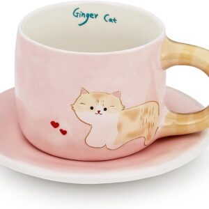 Pink Orange Cat Ceramic Mug Set with Saucer - Koythin