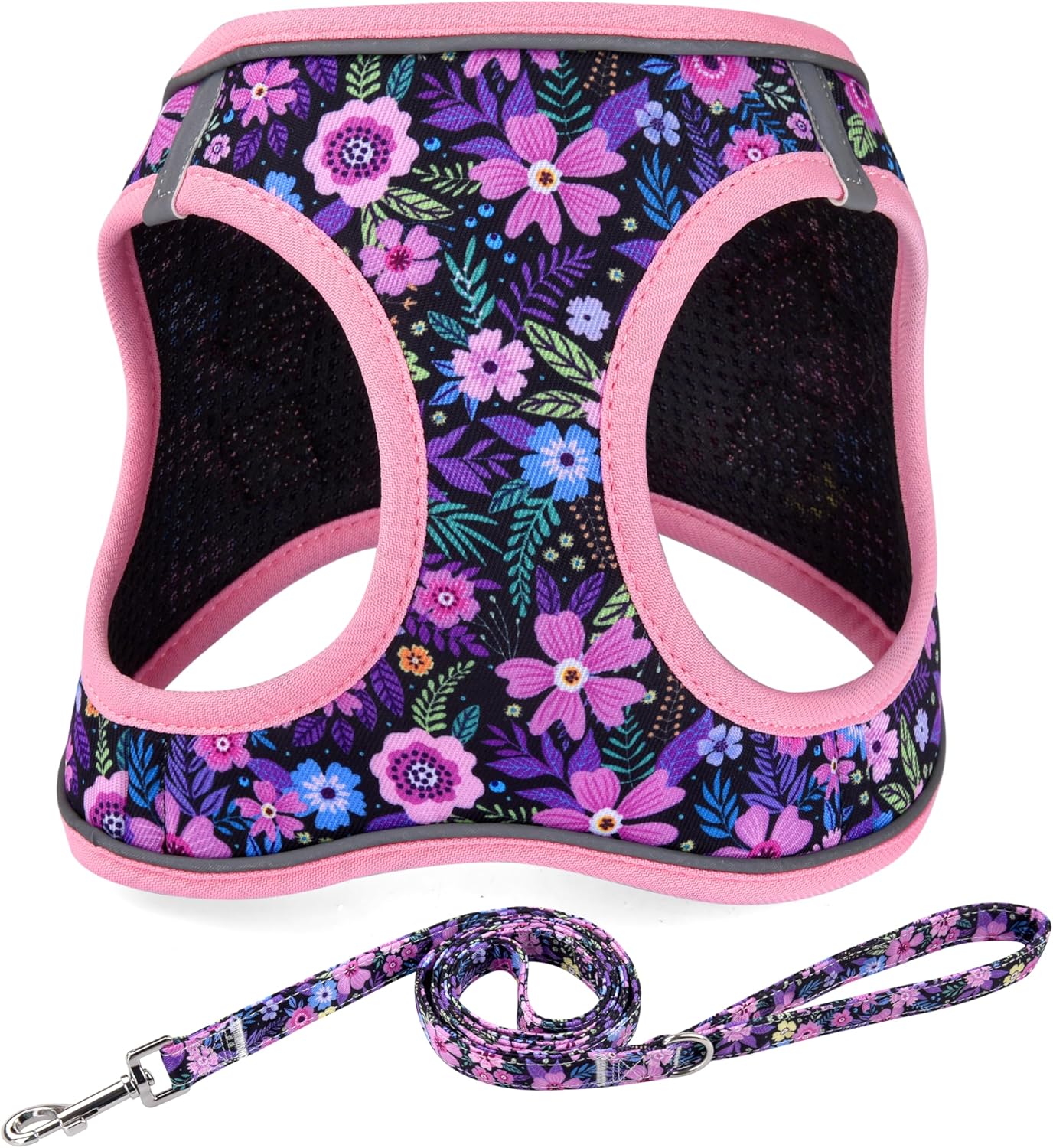 Mihqy Step-in Dog Harness & Leash Set, Pink Floral | Reflective