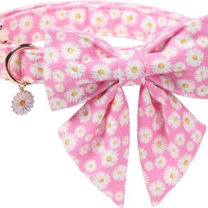 DOGWONG Pink Daisy Dog Collar M - Soft Cotton Floral Bow