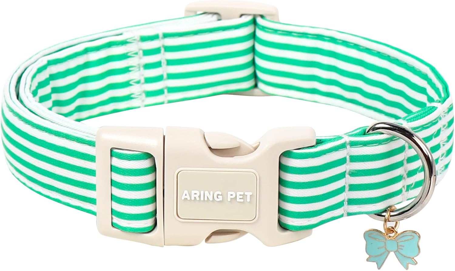 ARING PET Stripe Dog Collar, Teal Stripe with Bow Charm