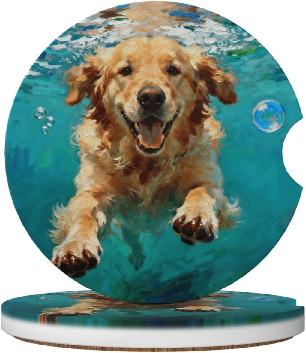 Dog Car Coasters 2-Pack | Absorbent Ceramic Cup Holder Mats