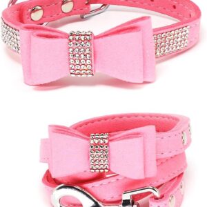Pink Rhinestone Dog Collar w/ Bow Tie & Leash - Small
