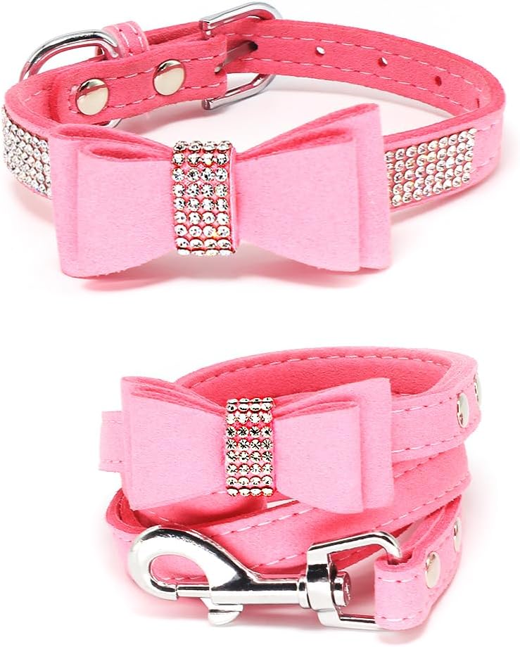 Pink Rhinestone Dog Collar w/ Bow Tie & Leash - Small