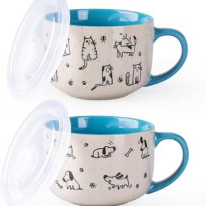 AmorArc 32oz Ceramic Soup Mug Set – Blue, Lid & Handle